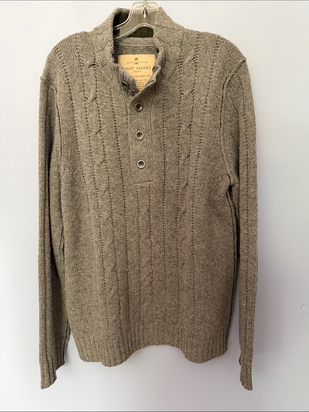 TOMMY BAHAMA Gray Cable Knit Shawl Collar Sweater 4-Button Wool Large
